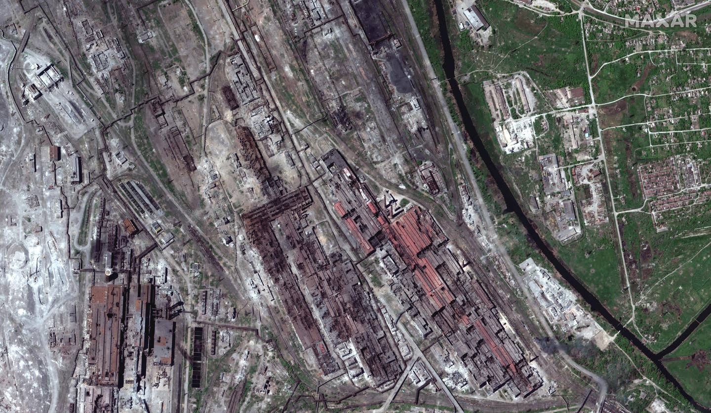 May 12, 2022 image of the heavily battered Azovstal steel plant. <em>Maxar</em>