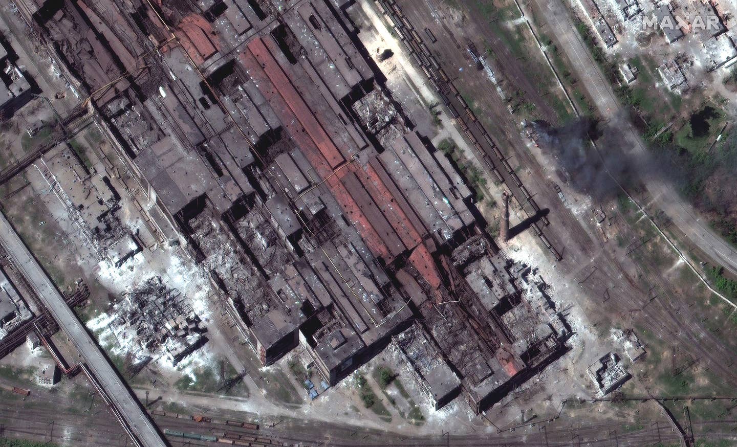 May 12, 2022 image of the heavily battered Azovstal steel plant. <em>Maxar</em>