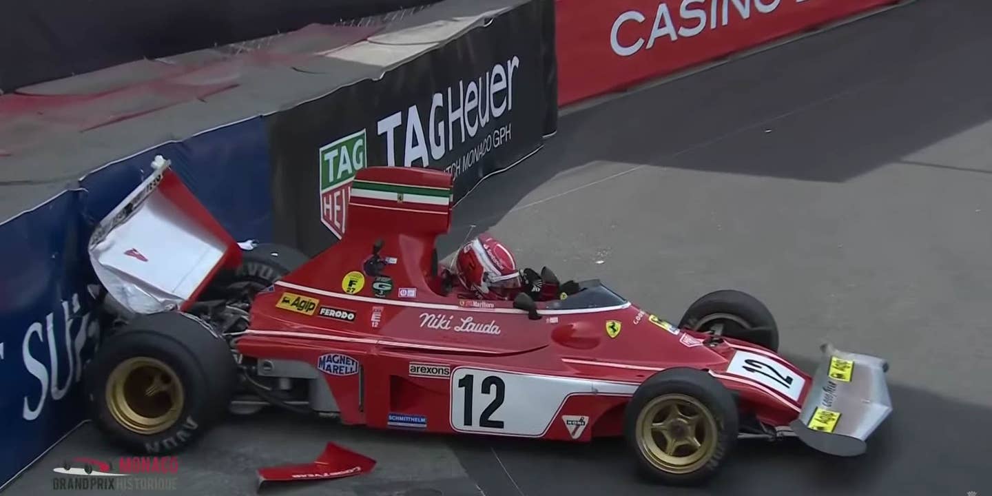 Leclerc Crashes Niki Lauda’s Ferrari 312T at Monaco Historic
