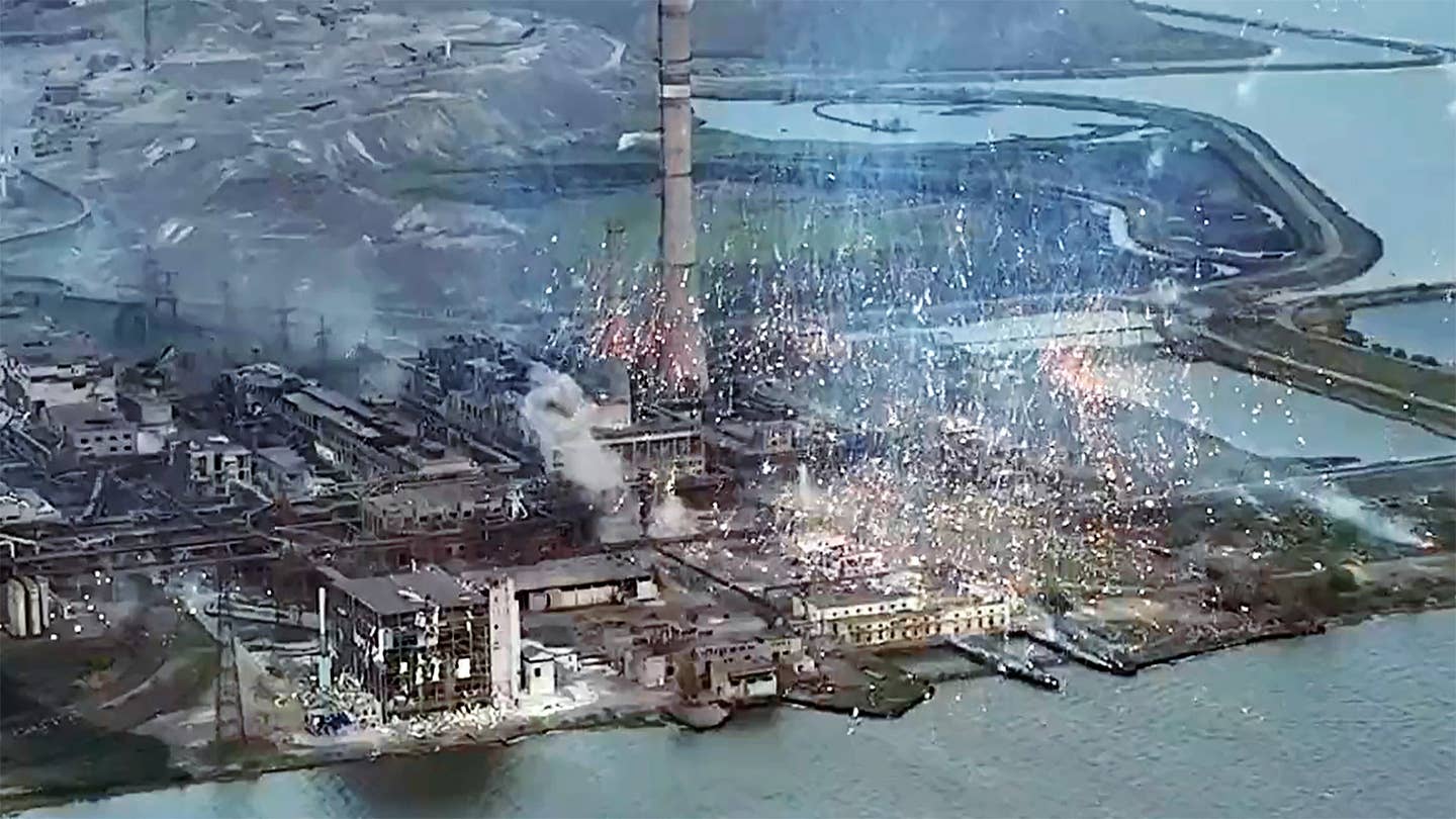 Russian incendiary munitions fall on the Azovstal steelworks in the Ukrainian port city of Mariupol in May 2022.