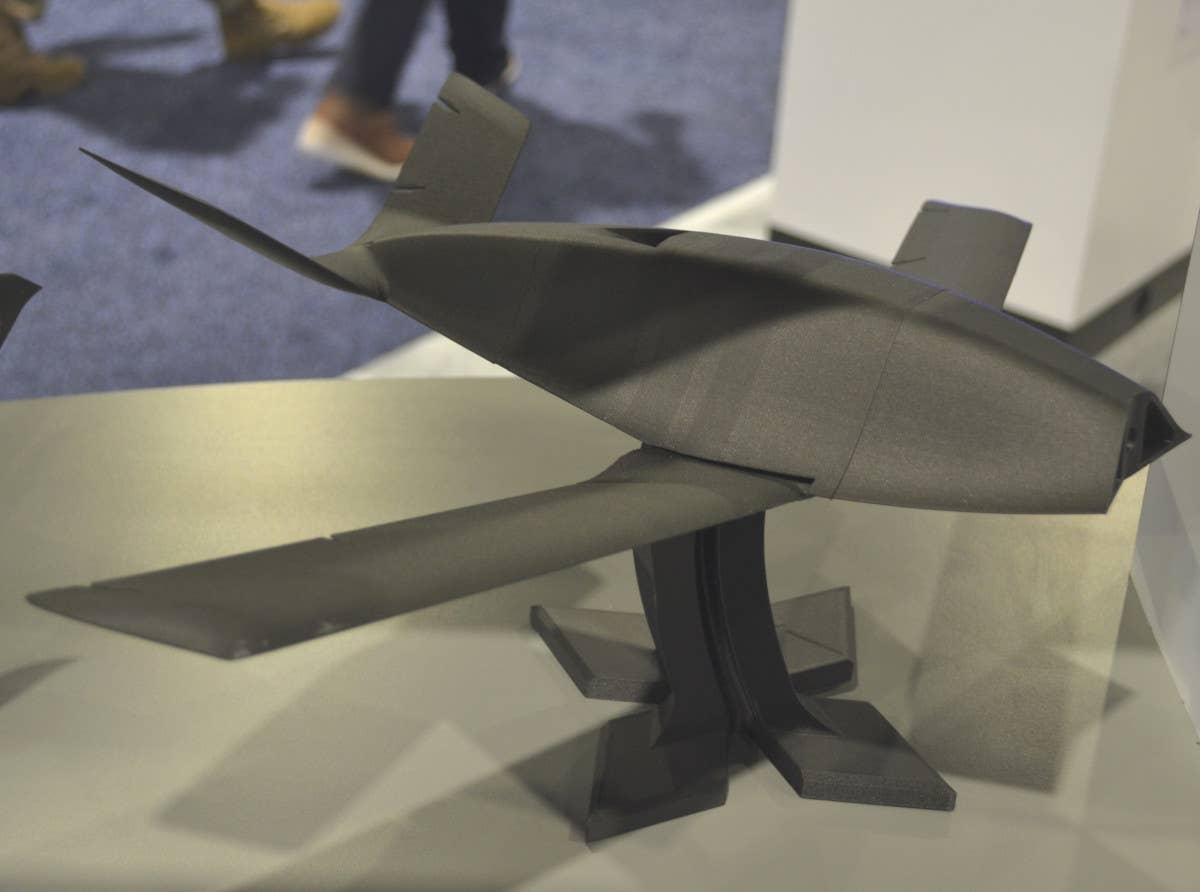 A smaller model of the Eaglet, missing its propeller, seen at the Air Force Association's 2021 Air, Space &amp; Cyber Conference. The top-mounted flush exhaust port is also visible here. (Joseph Trevithick photo)