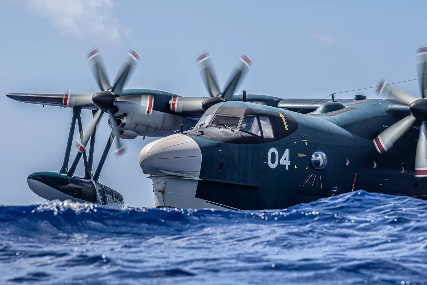A Japanese ShinMaywa US-2 floats in the ocean during Exercise Cope North 22 off the Island of Tinian near Andersen Air Force Base, Guam, in February this year.&nbsp;<em>U.S. Air Force/Senior Airman Joseph P. LeVeille</em>