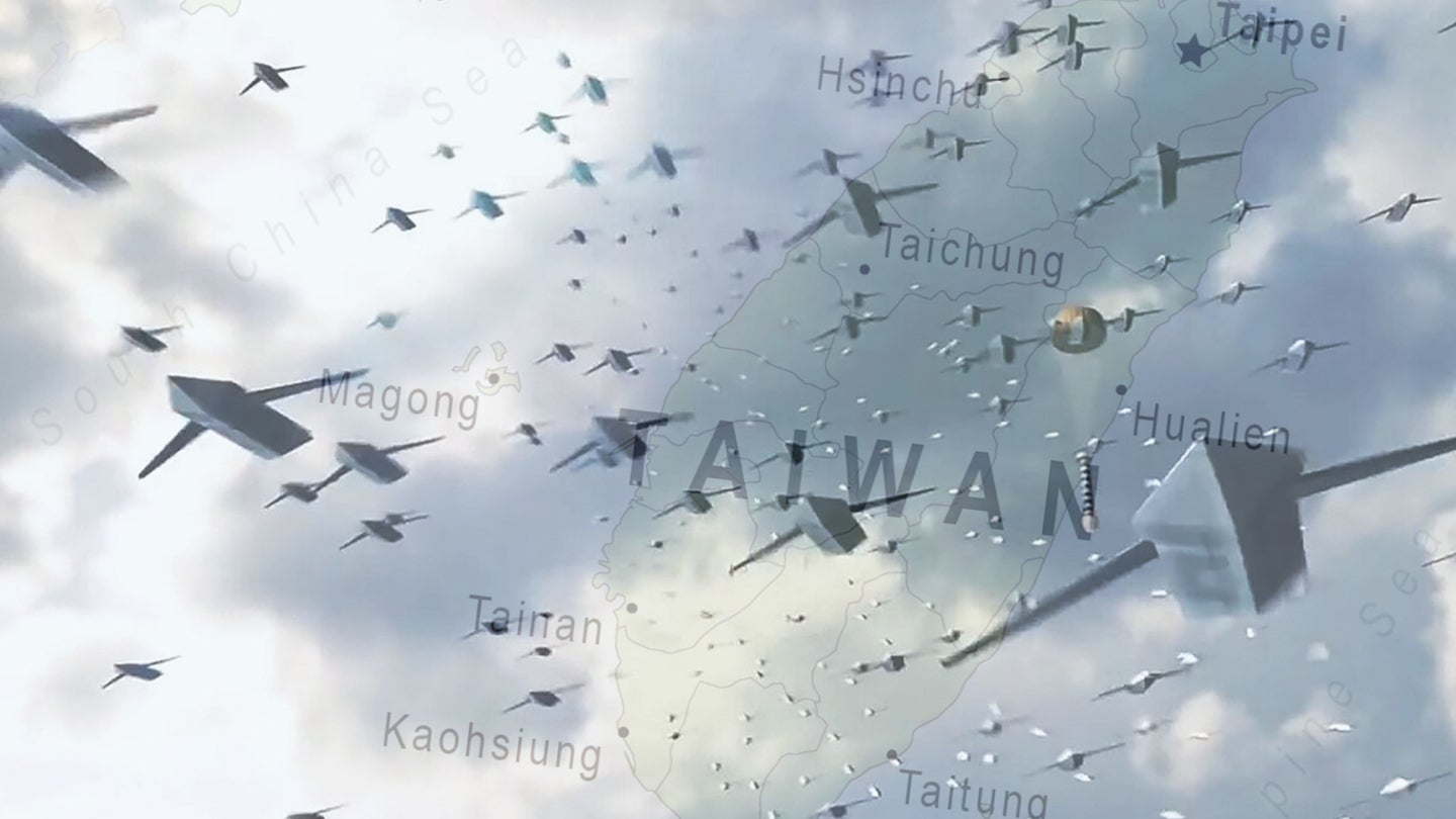 An artist's conception of a drone swarm overlaid on a map of Taiwan.