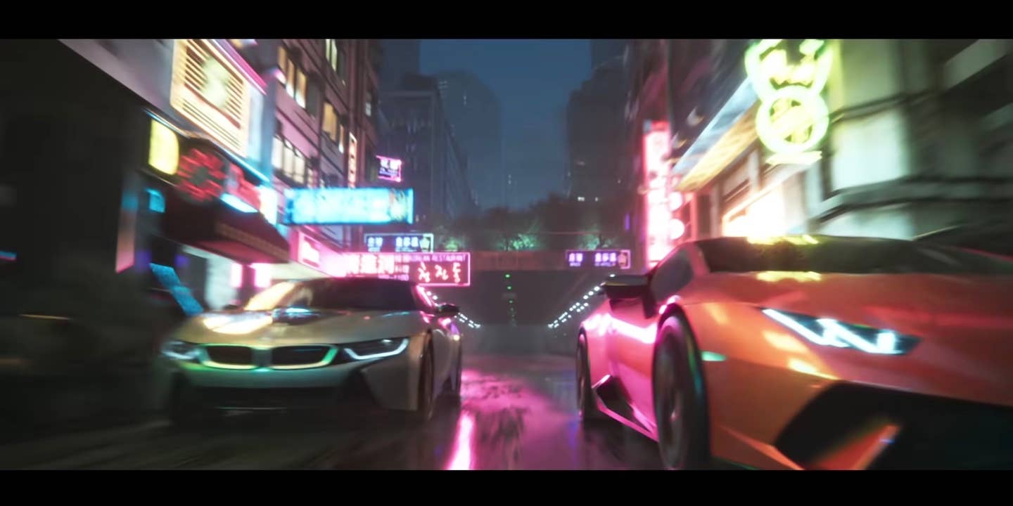 A computer-generated image depicts a silver BMW i8 and an orange Lamborghini Huracan Performante racing down a neon-lit Hong Kong street.