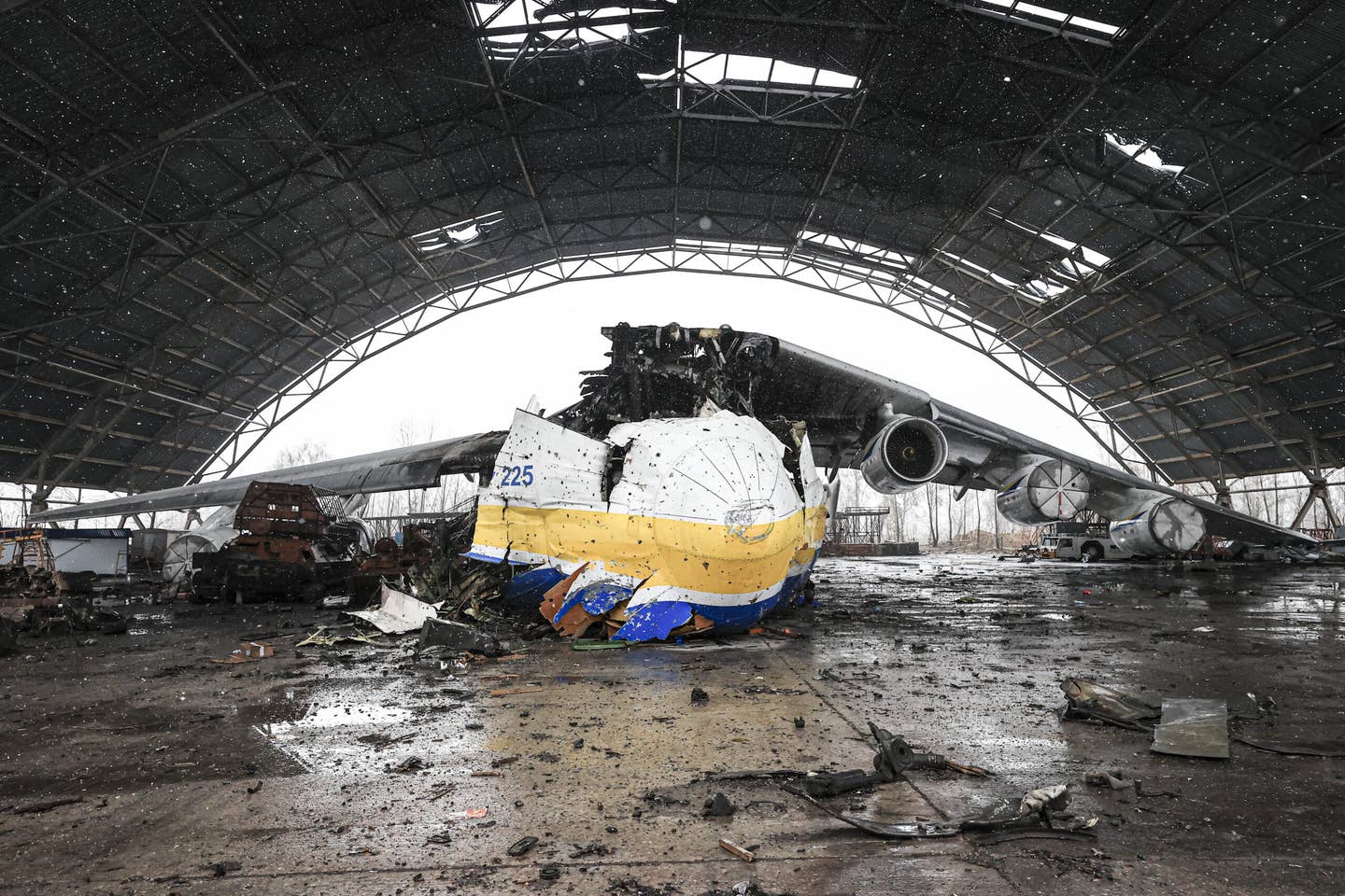 A view of the wreckage of Antonov An-225 Mriya cargo plane, the world's biggest operational aircraft, destroyed by Russian shelling. (Photo by Metin Aktas/Anadolu Agency via Getty Images)