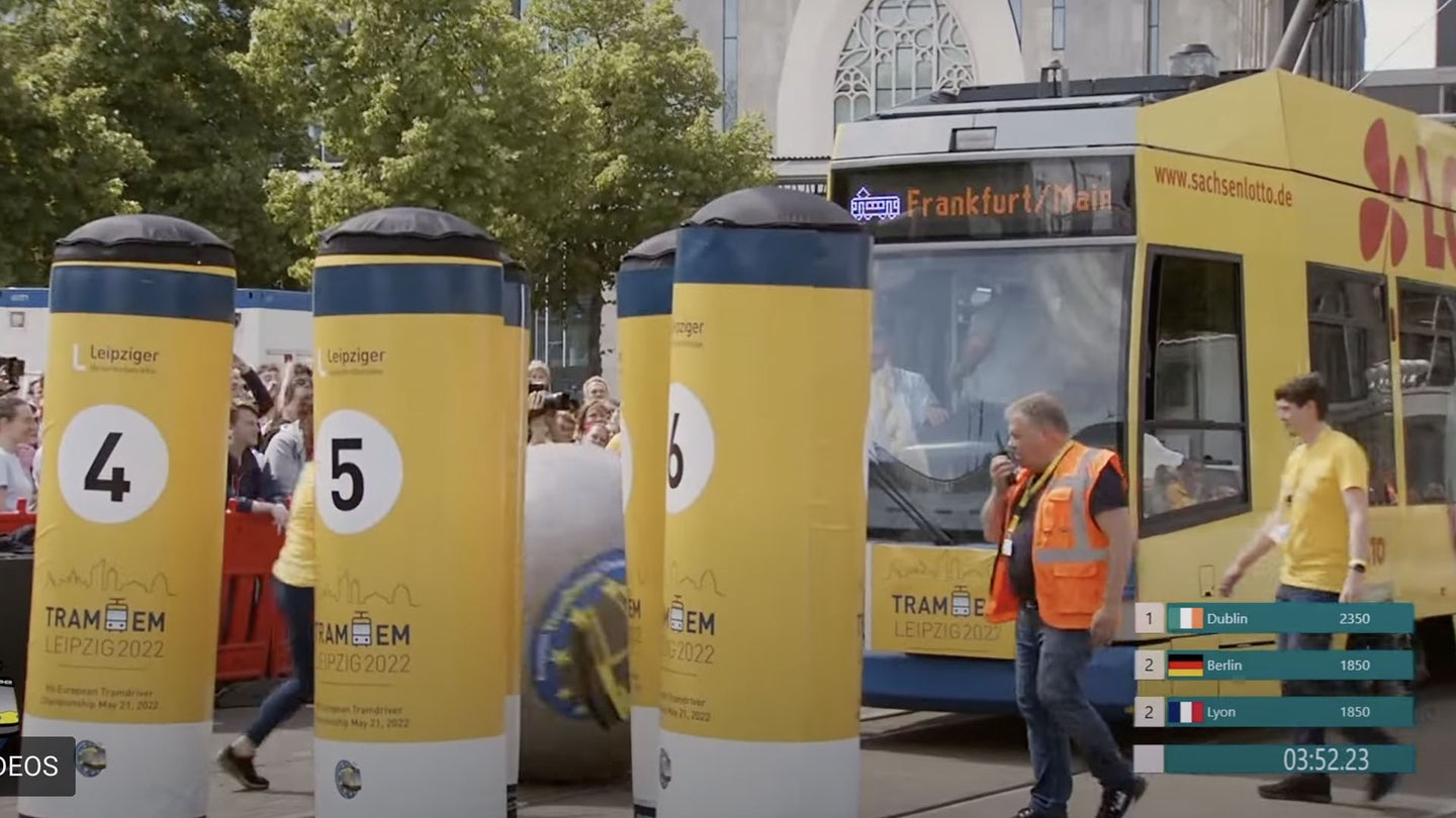 A tram playing tram bowling during the European Tram Driver Championship 2022
