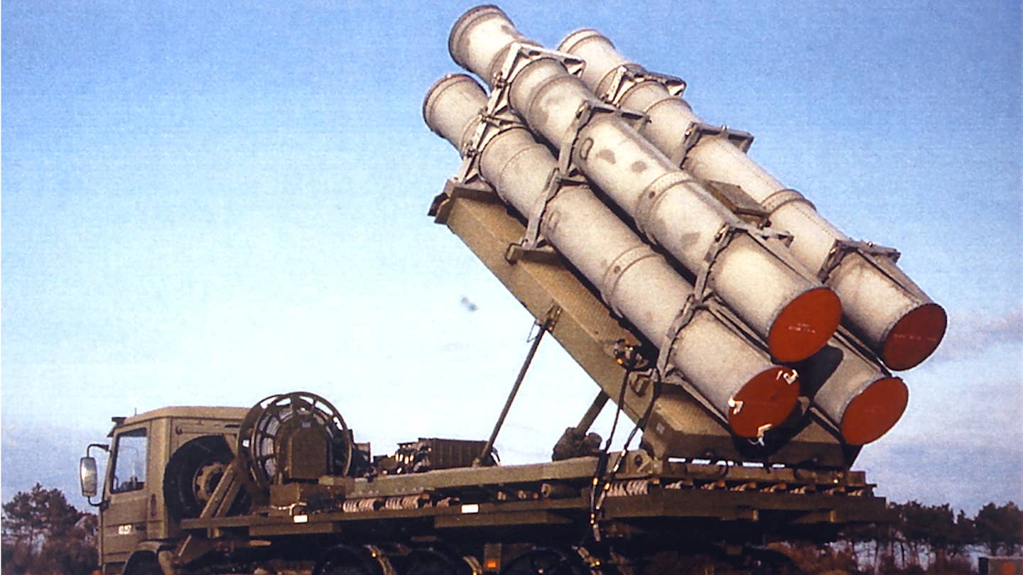 A Danish Navy shore-launched Harpoon missile launcher.