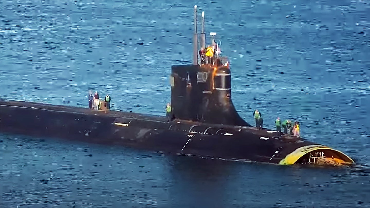 A screengrab from a video of the damaged USS Connecticut arriving in San Diego in December 2021 following the underwater collision two months earlier.