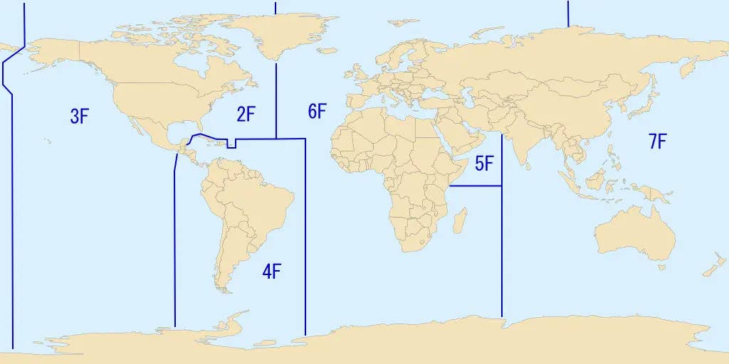 A map showing the boundaries between the areas of responsibility of the Navy's numbered fleets, including U.S. 7th Fleet (7F). <em>via Wikimapia</em>