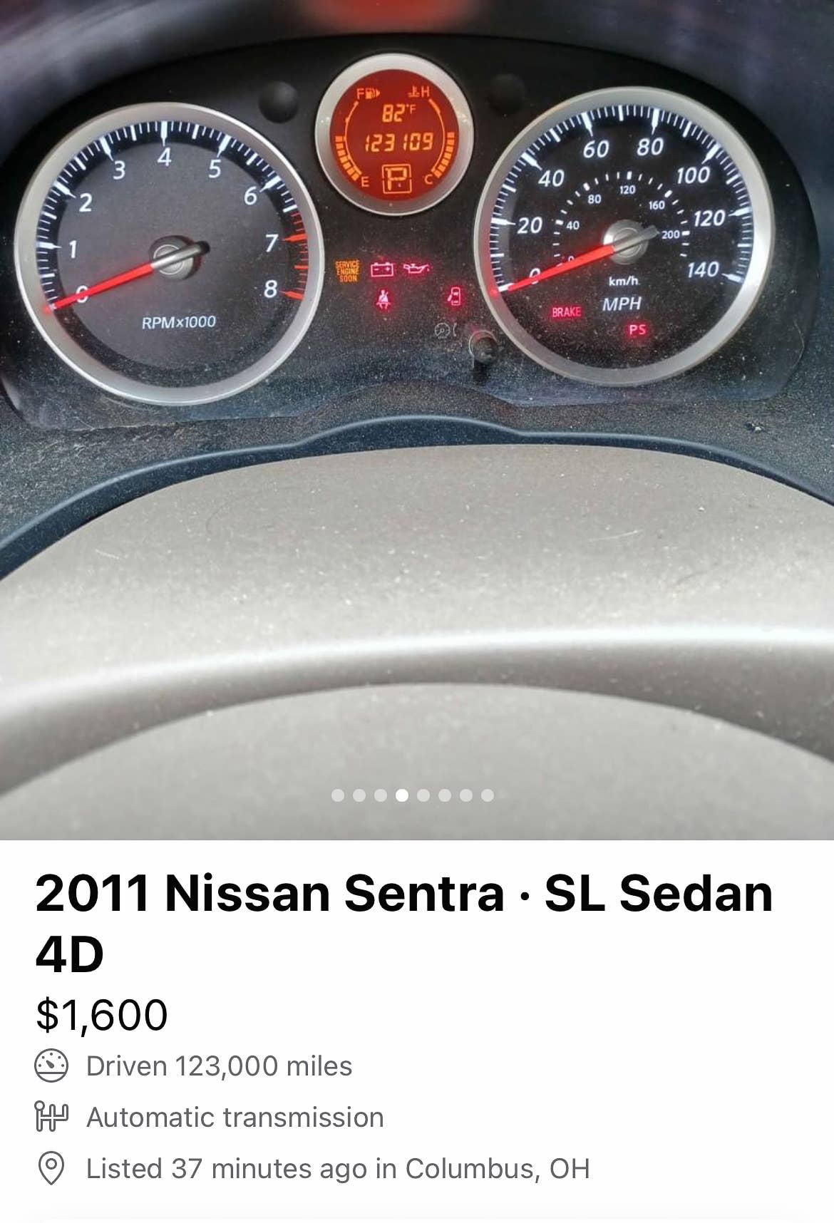 Facebook Marketplace Screenshot of a 2011 Nissan Sentra for $1600