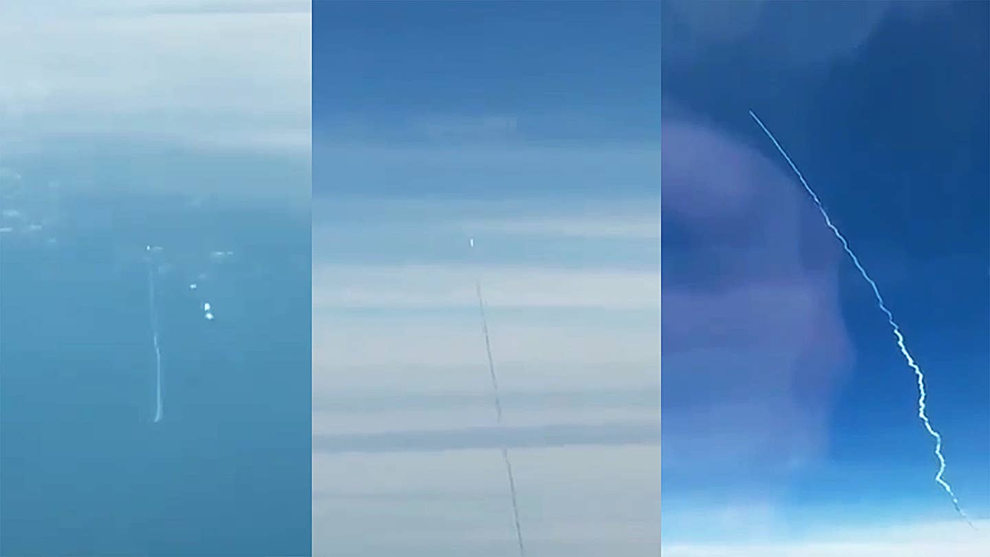 Clips from a video that is said to show an apparent missile launch, possibly from a submarine, in the South China Sea, as seen from a Cathay Pacific Boeing 777 airliner.