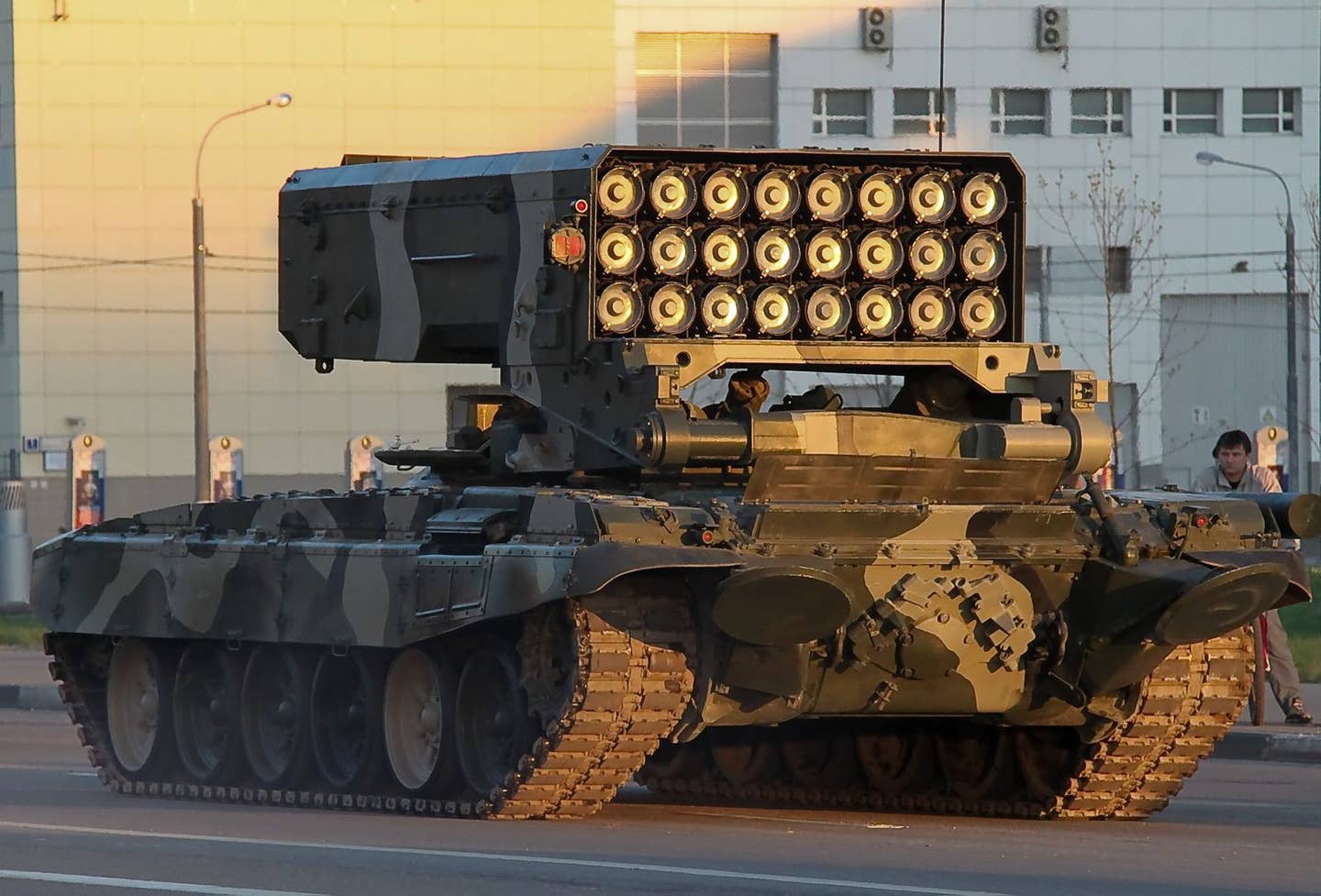 A Russian TOS-1 30-barrel multiple rocket launcher based on a T-72 tank chassis. <em>Wikimedia Commons</em>