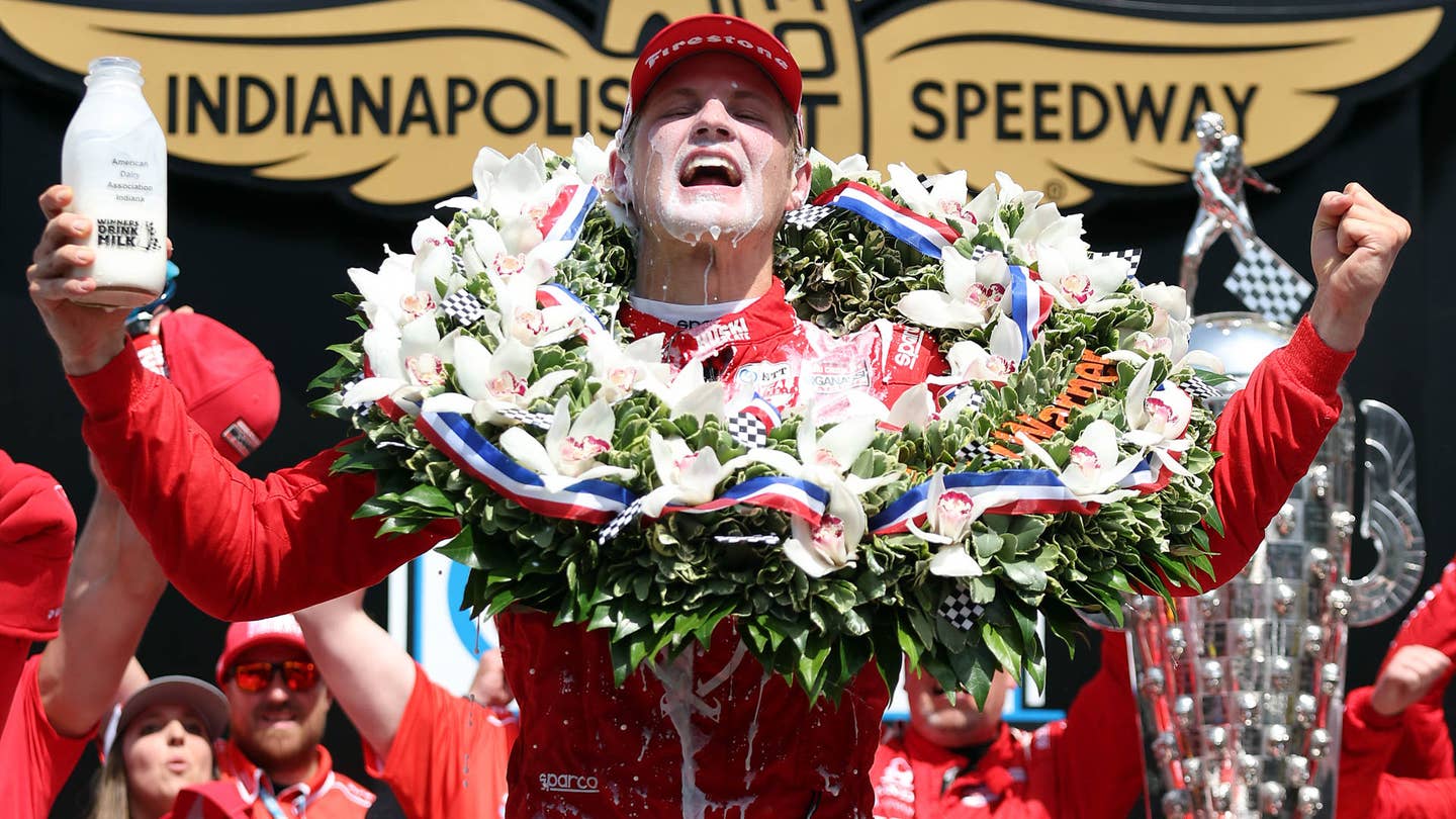 INDIANAPOLIS, INDIANA - MAY 29:  Marcus Ericsson of Sweden celebrates in Victory Lane after winning the 106th Running of The Indianapolis 500 at Indianapolis Motor Speedway on May 29, 2022 in Indianapolis, Indiana. (Photo by Jamie Squire/Getty Images)