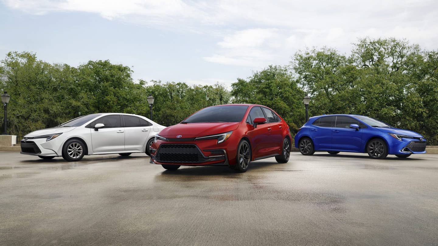 2023 Toyota Corolla lineup, in white, red, and blue