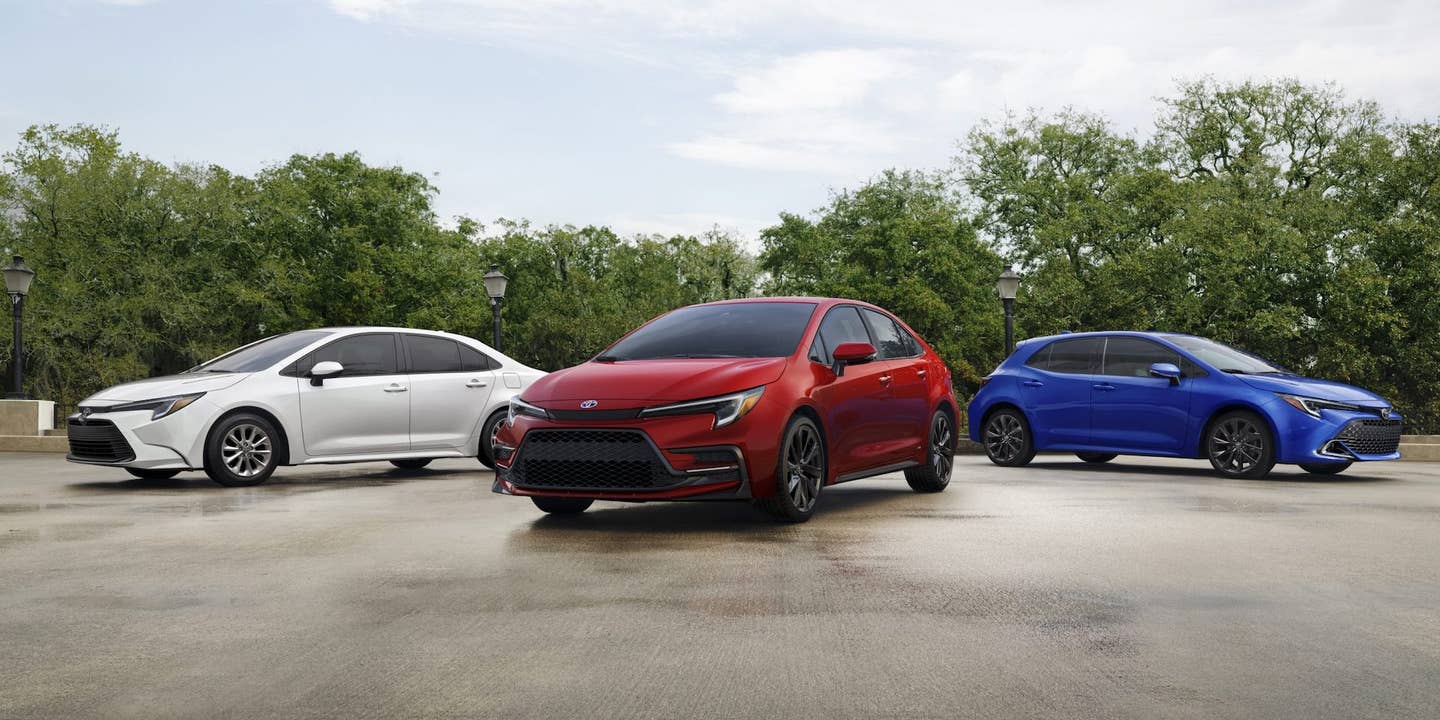 2023 Toyota Corolla lineup, in white, red, and blue
