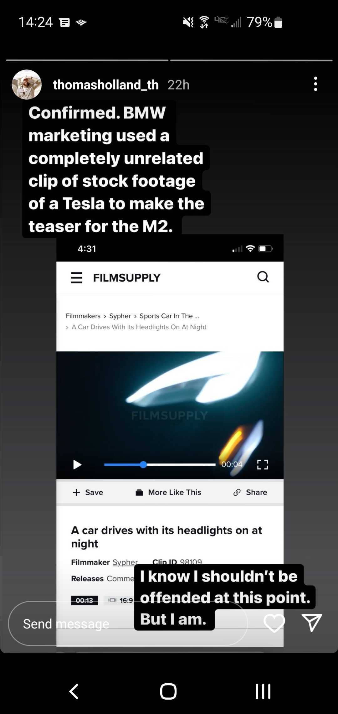A screenshot of a Tesla allegedly appearing in a BMW ad.