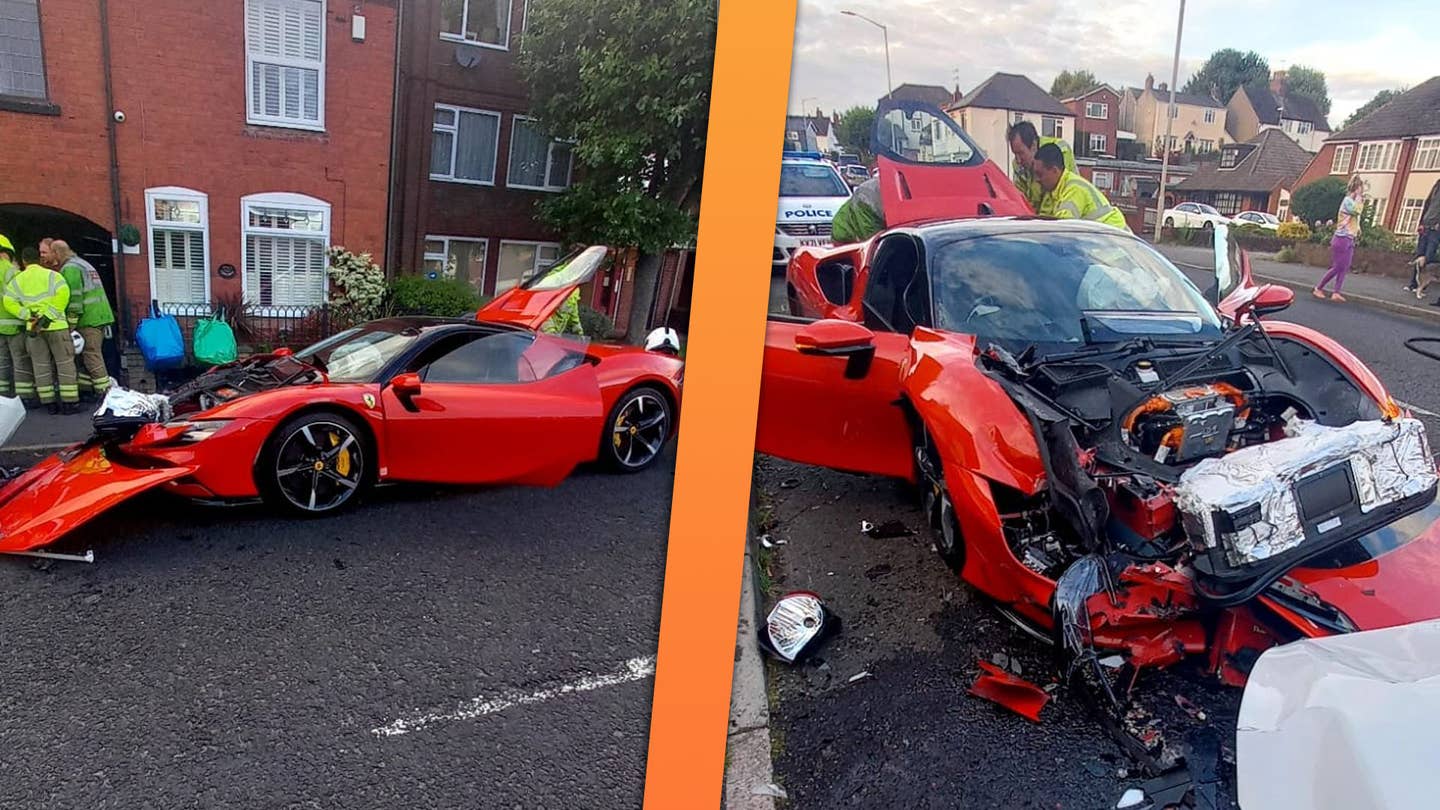Watch a Ferrari SF90 Driver Crash Into Five Parked Cars, Run Away
