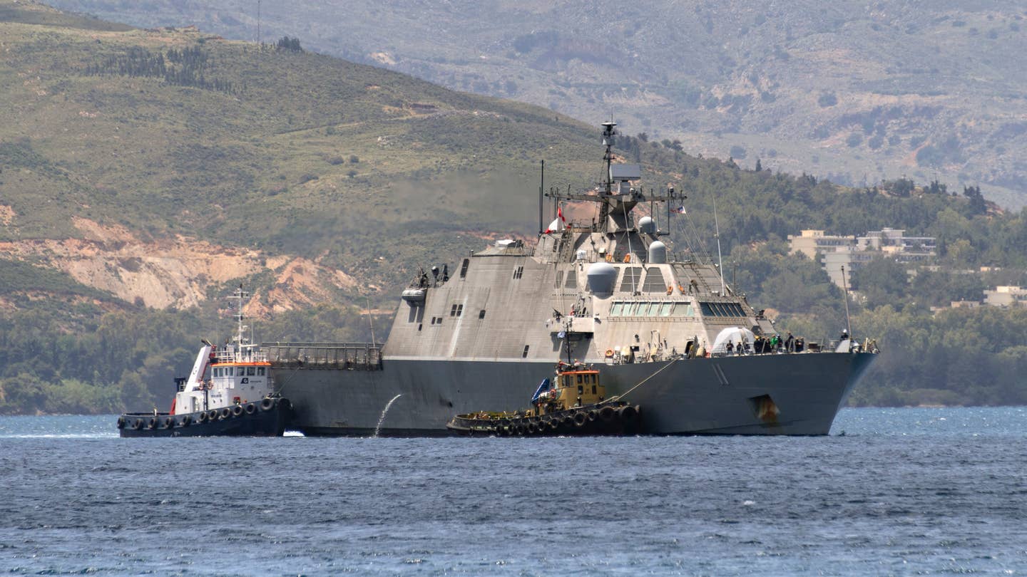 The Freedom-class littoral combat ship USS Sioux City (LCS 11), homeported at Naval Station Mayport, Jacksonville, Fla., arrives at the Marathi NATO Pier Complex in Souda Bay, Greece, to undergo scheduled preventative maintenance in May 2022..