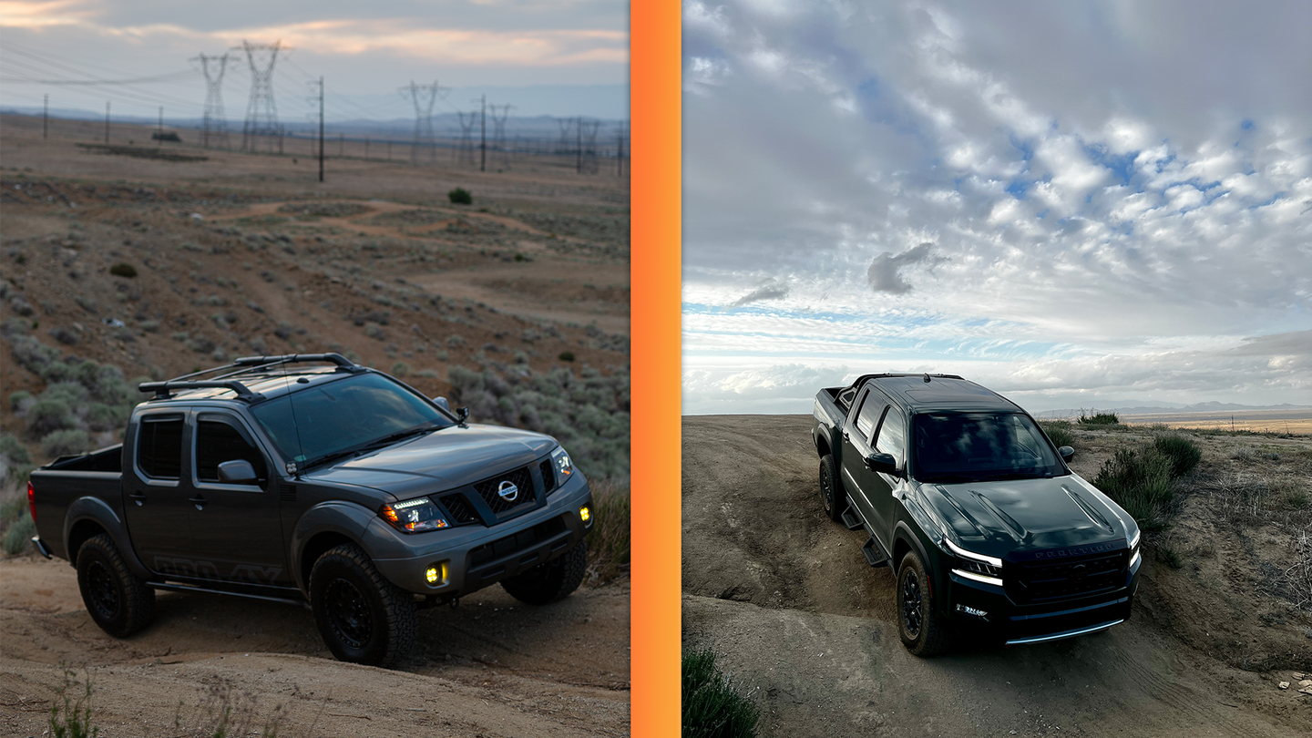 Two images of Nissan Frontiers off roading. One is metallic gray and climbing a hill, the other is green and driving into a crevice.