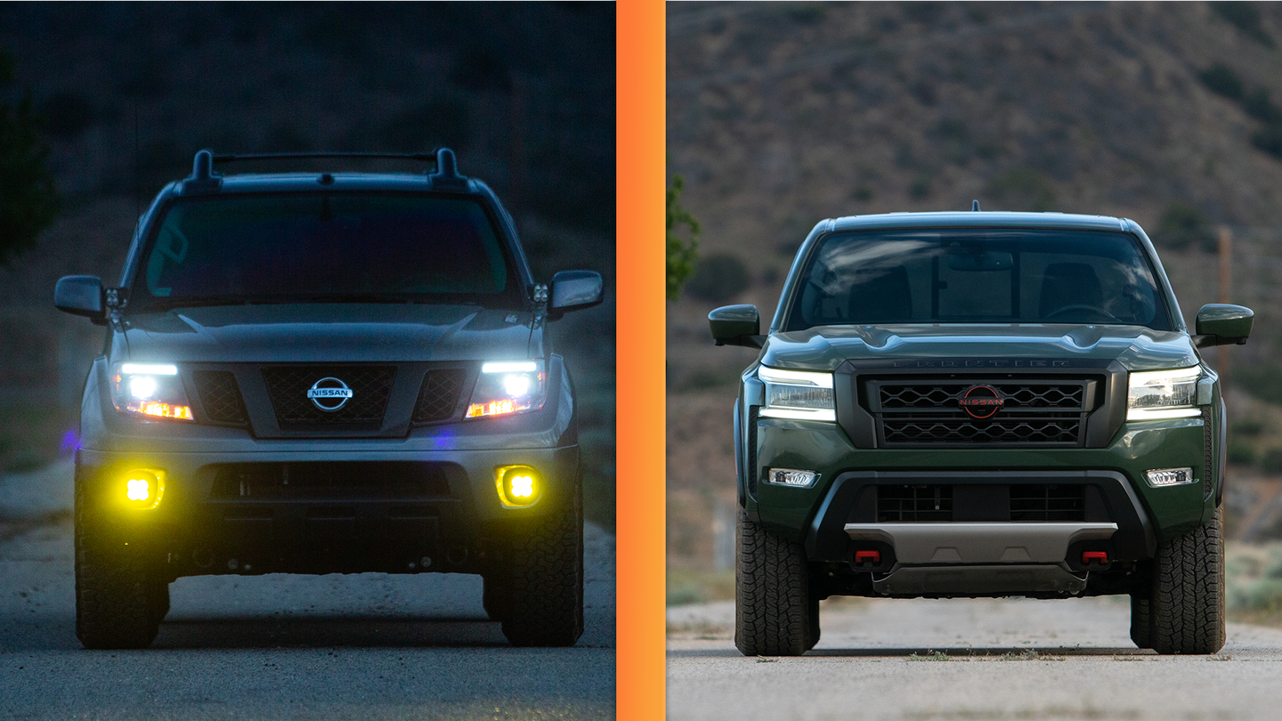 An image comparing the fronts of the 2022 and 2020 Nissan Frontier.
