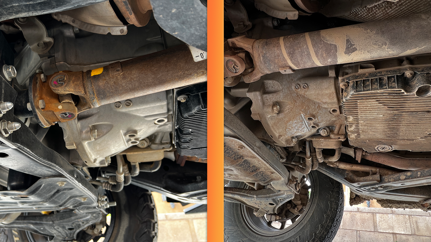 Images of the undercarriage of two Nissan Frontiers.