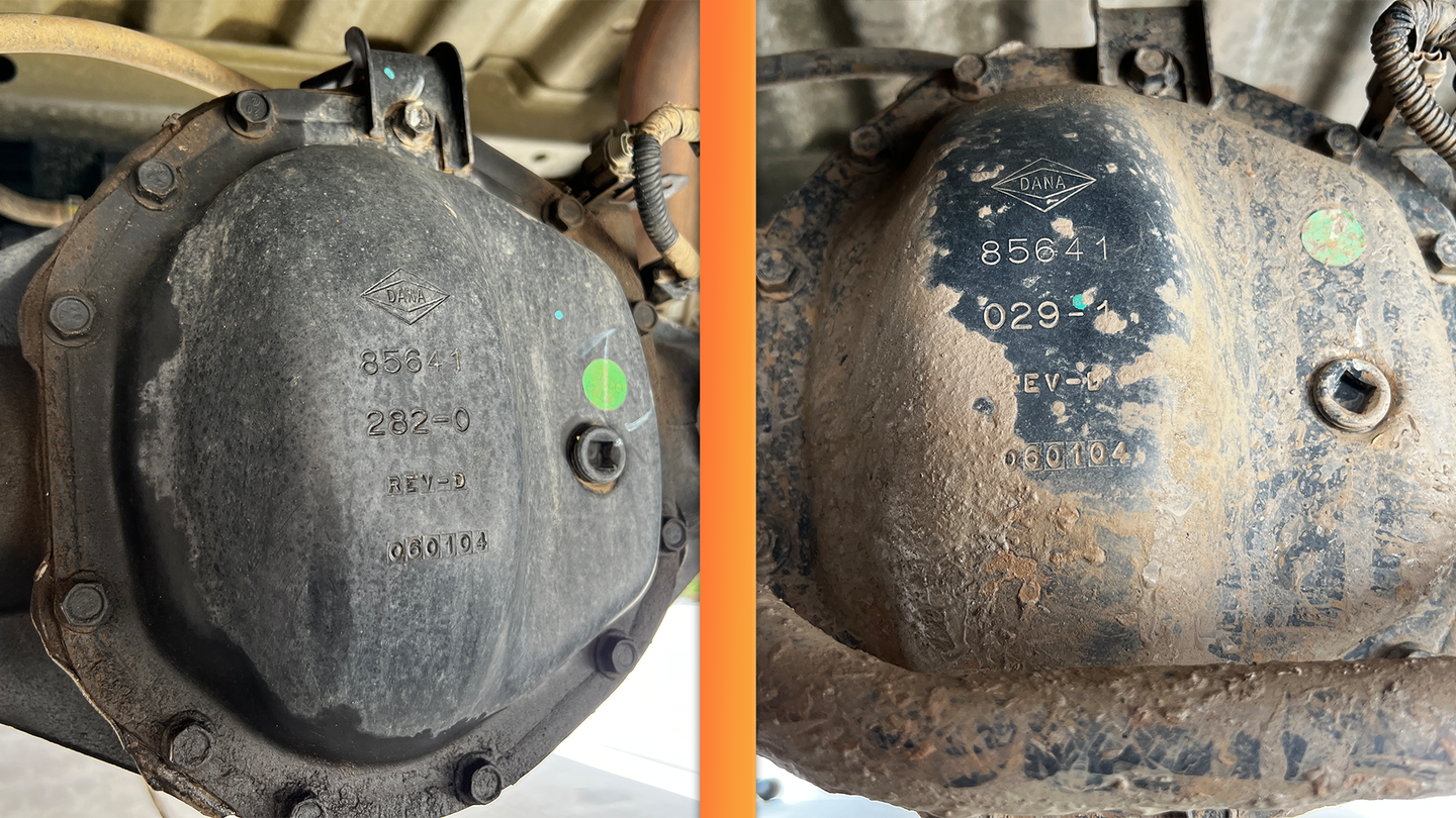 A 50-50 image of the 2022 and 2020 Nissan Frontier rear differential covers.