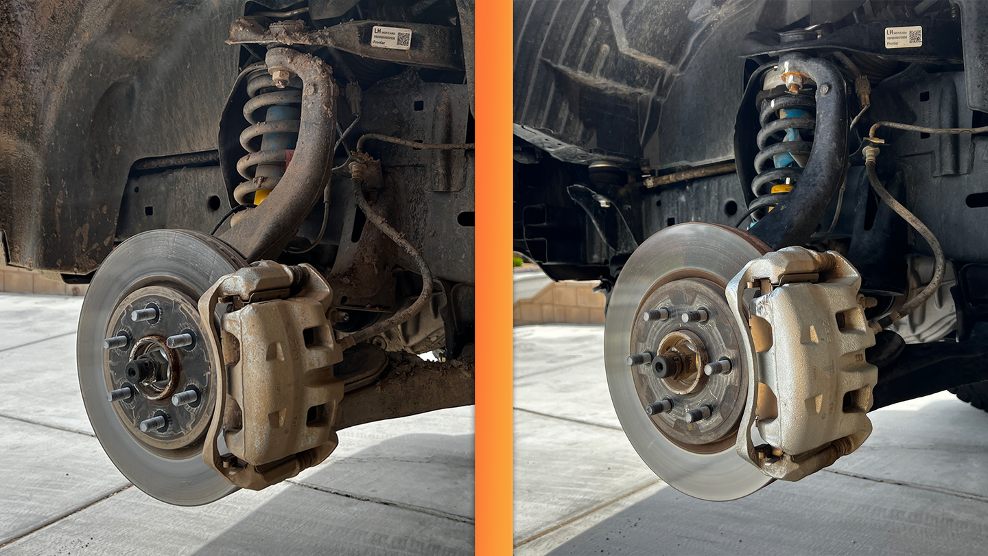 A comparison of the 2020 and 2022 Nissan Frontier front suspension. The 2022 is on the left and the 2020 is on the right. The 2022 is muddy.
