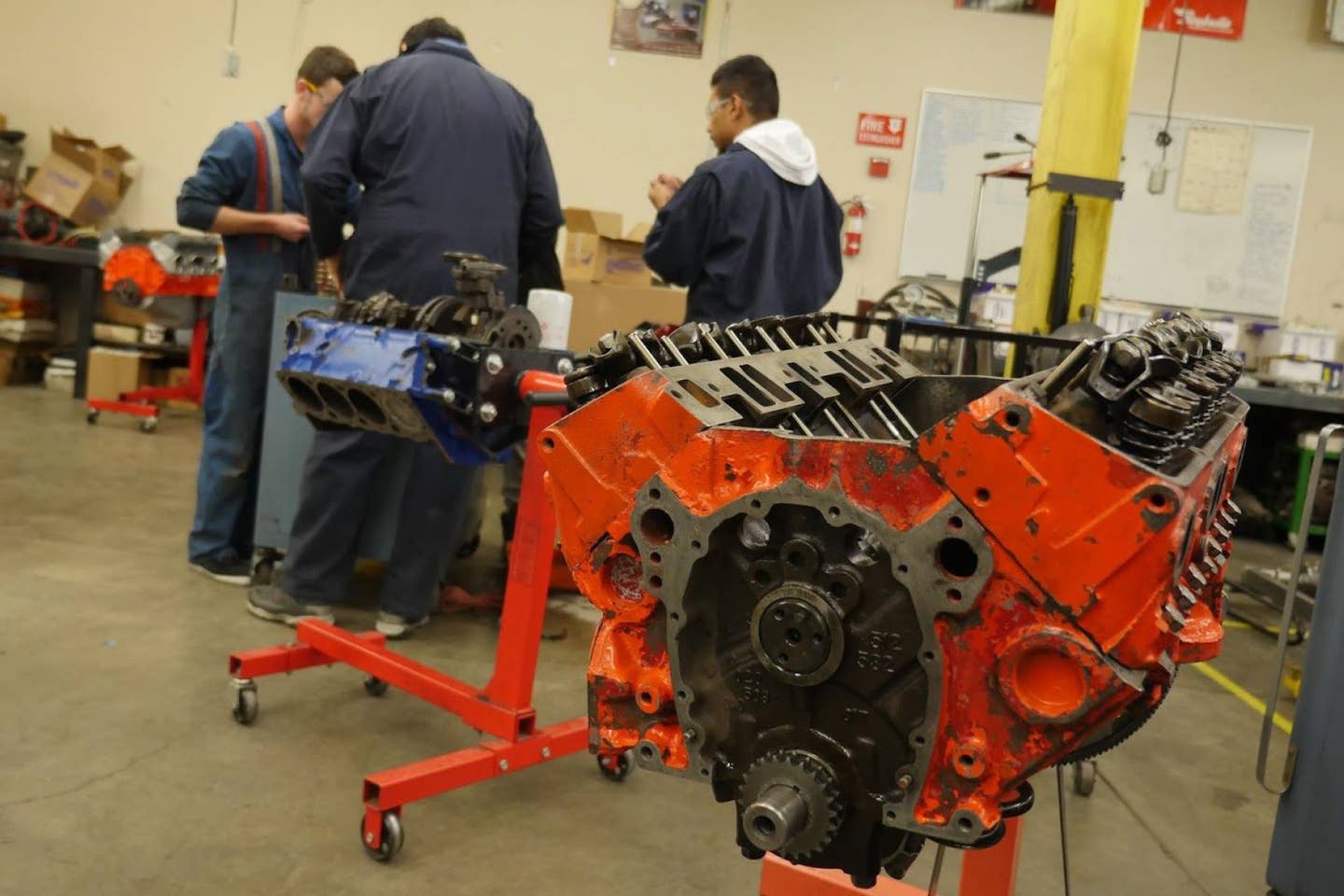 An engine on a stand in Meadowvale High School's automotive program | Foundry10