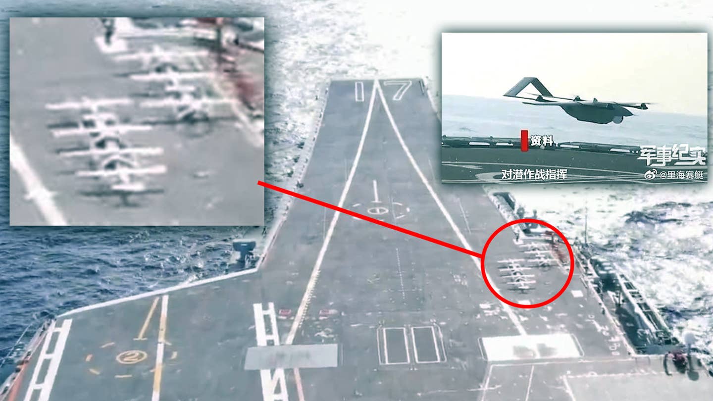 Chinese Aircraft Carrier Seen With A Fleet Of Drones On Its Deck