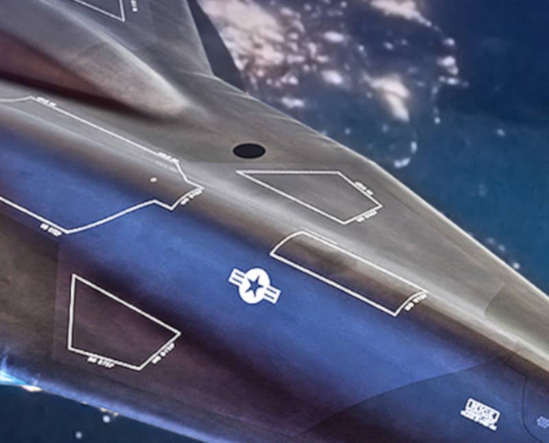 A crop of one of the Darkstar artworks from Lockheed Martin's site shows what appears to be a depiction of a circular celestial navigation system port on top of the fuselage. <em>Lockheed Martin</em>