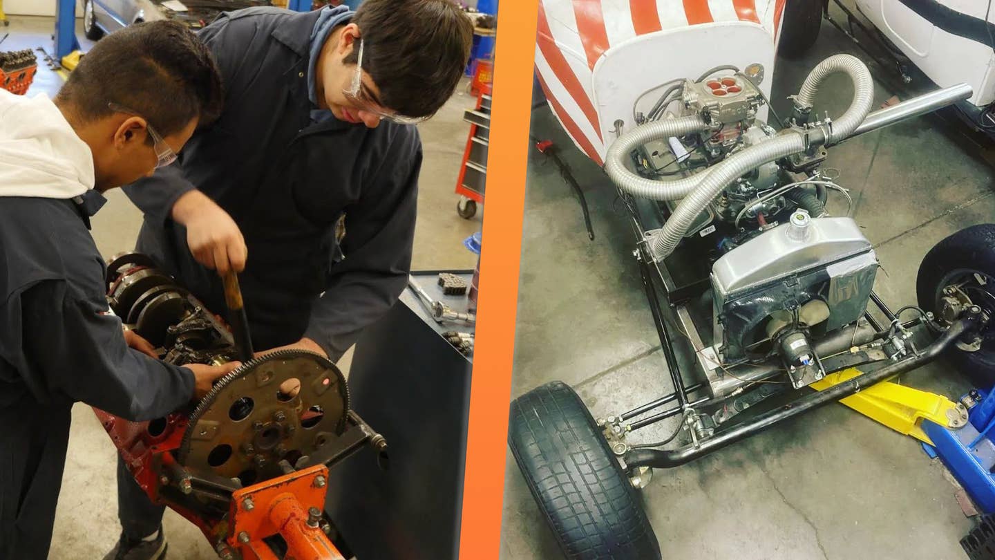 Two boys work on a disassembled V8 engine (left), turbocharged V8 hot rod's engine bay viewed from above (right)