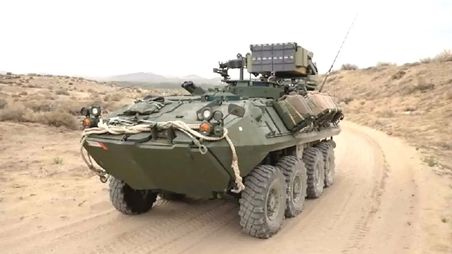 A Marine Corps LAV-25 with a UVision Multi-Canister Launcher mounted on top. <em>UVision</em>