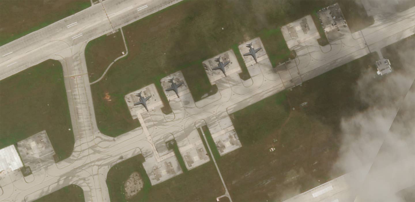 B-1Bs on deck at Andersen AFB as photographed on June 4th, 2022. <em>PHOTO © 2022 PLANET LABS INC. ALL RIGHTS RESERVED. REPRINTED BY PERMISSION</em>
