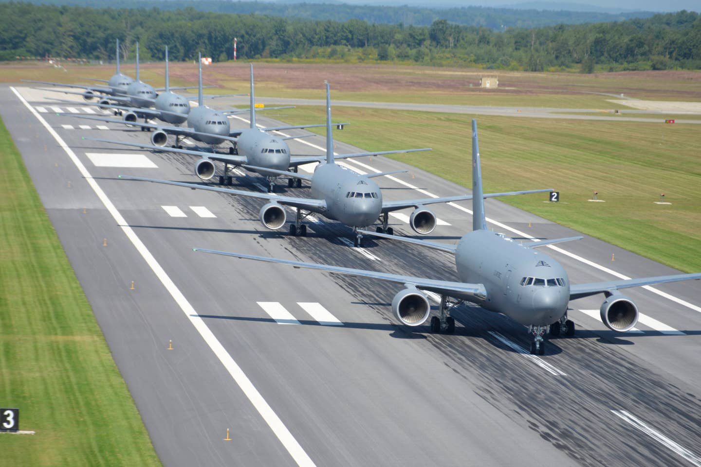 KC-46A aircraft assigned to the 157th Air Refueling Wing perform an elephant walk formation on the runway at Pease Air National Guard Base, Sept. 8, 2021.