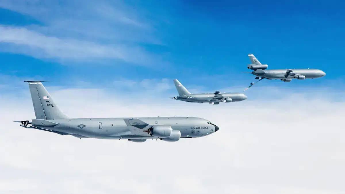 The US Air Force's current tanker fleet, front to back, a KC-135, a KC-46A, and a KC-10A. <em>USAF</em>