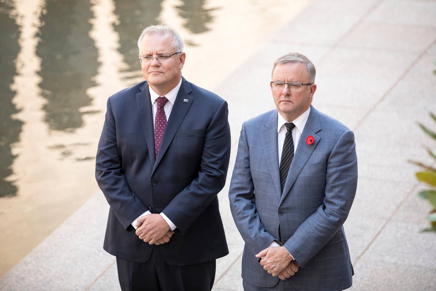 The then Prime Minister of Australia Scott Morrison (left) and Leader of the Opposition Anthony Albanese at the Australian War Memorial to mark the opening of the 2020 Parliament in Canberra. Albanese became the 31st prime minister of Australia on May 31. <em>Australian Department of Defense</em>