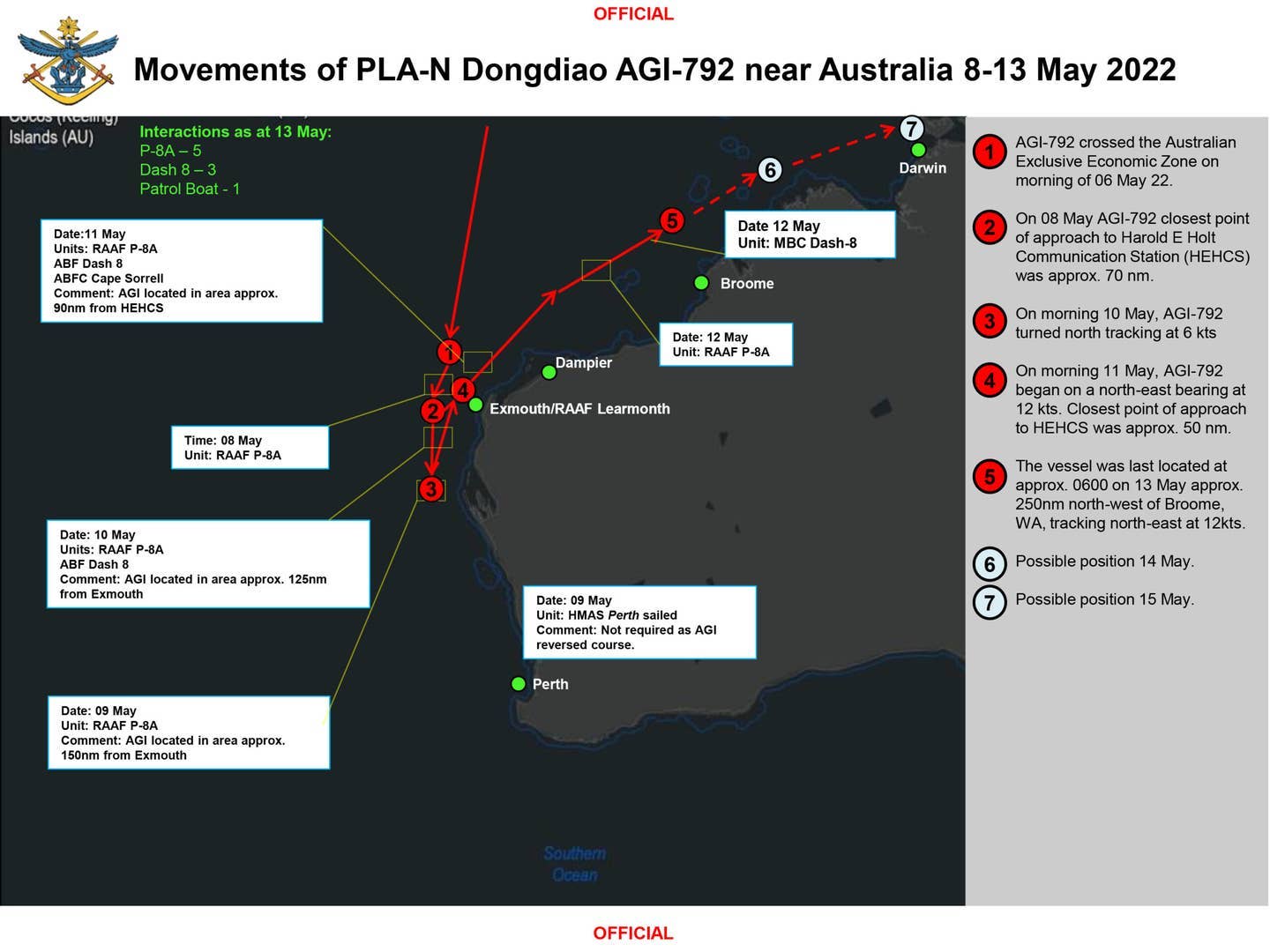 The Australian account of events leading up to and after the incident with the PLAN spy ship off the Australian coast in May.&nbsp;<em>Australian Department of Defense</em>