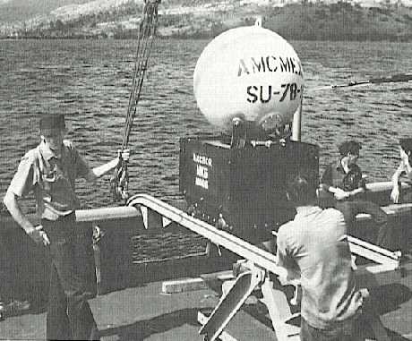 Mark 6 mine shown being launched from USS Ute ATF-76 in Philippine waters in 1978. <em>U.S. Naval Historical Center</em>