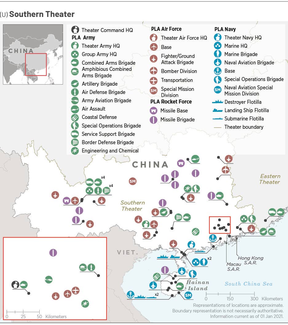 A map showing the general disposition of Chinese military forces and their bases in the southern end of the country as of January 2021. <em>DOD</em>