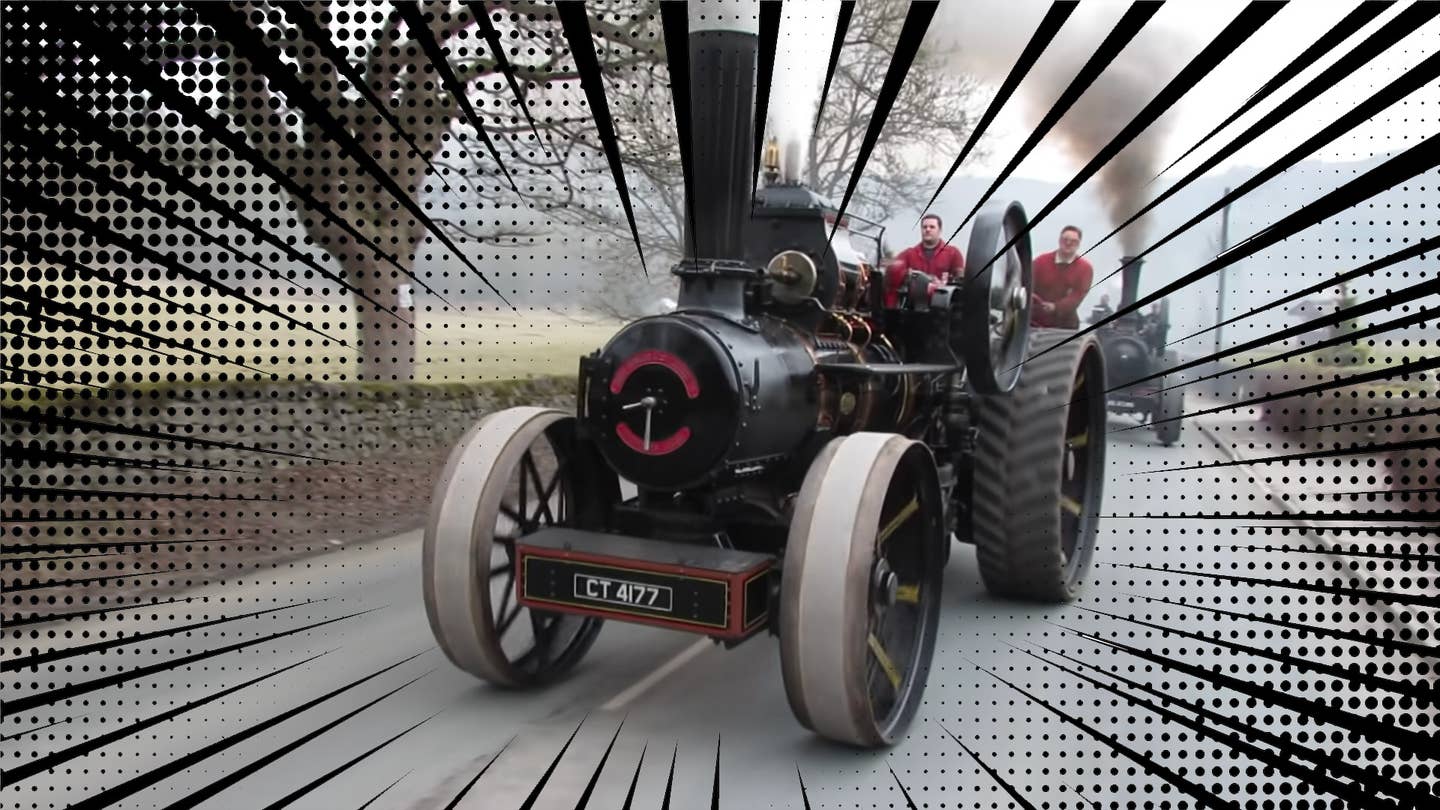 A steam tractor changing lanes in the British countryside, with anime-inspired speed lines overlaid on top for comic effect