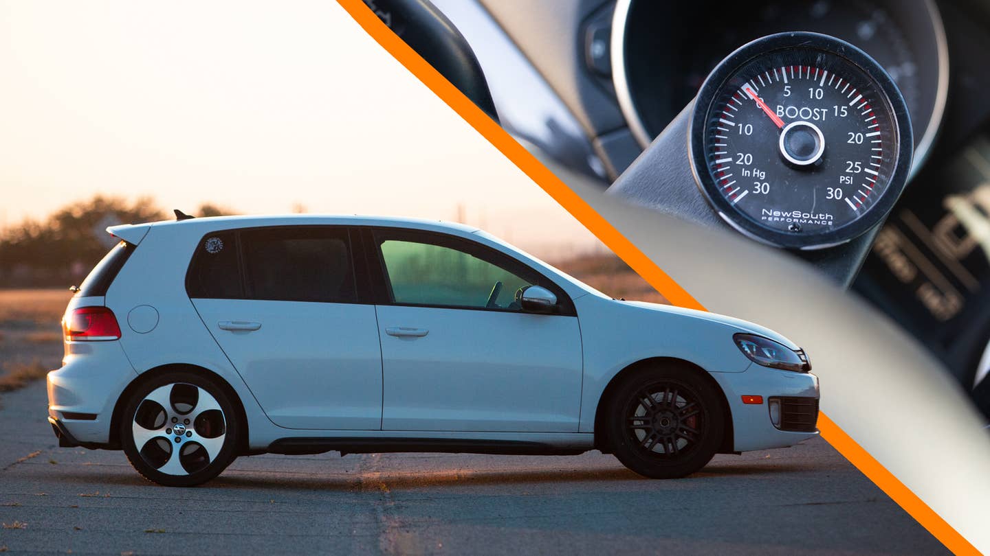 A side view of a 2010 Volkswagen GTI with a boost gauge imposed into the top right corner of the frame. It is early morning in the main photo.