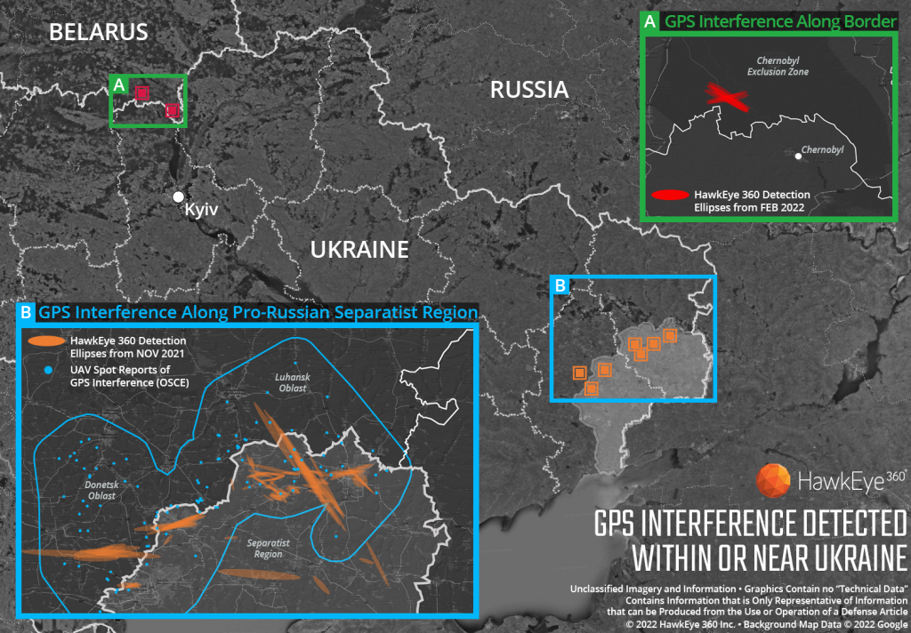 Hawkeye 360 produced a map shortly after Russia began its invasion of Ukraine showing areas where the company’s satellites had detected GNSS jamming. Incidents were noted around the Chornobyl nuclear plant and Russian-occupied parts of Ukraine. <em>Hawkeye 360</em>