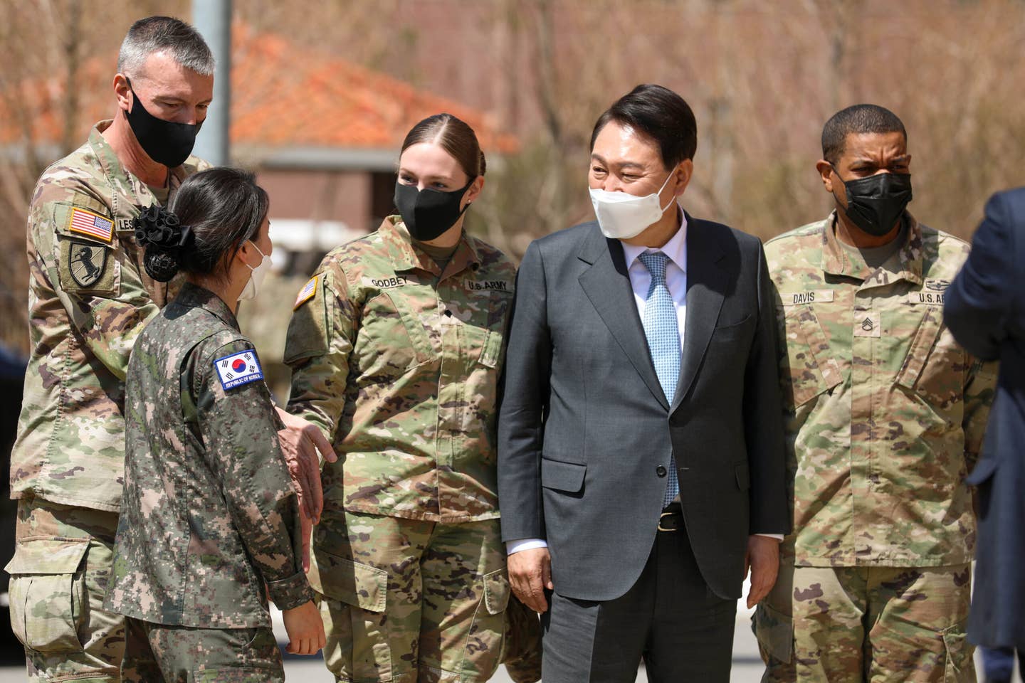 South Korean President-elect Yoon Suk Yeoltalks with soldiers from the 2nd Infantry Division, South Korea/U.S. Combined Division at Camp Humphreys on April 7, 2022. <em>Photo by Cpl. Seong Yeon Kang/U.S. Army via Getty Images</em>