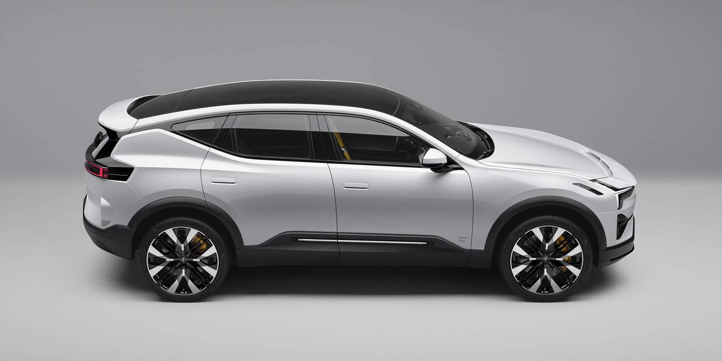 A white SUV which is virtually indistinguishable from any other luxury electric SUV but this one is a Polestar