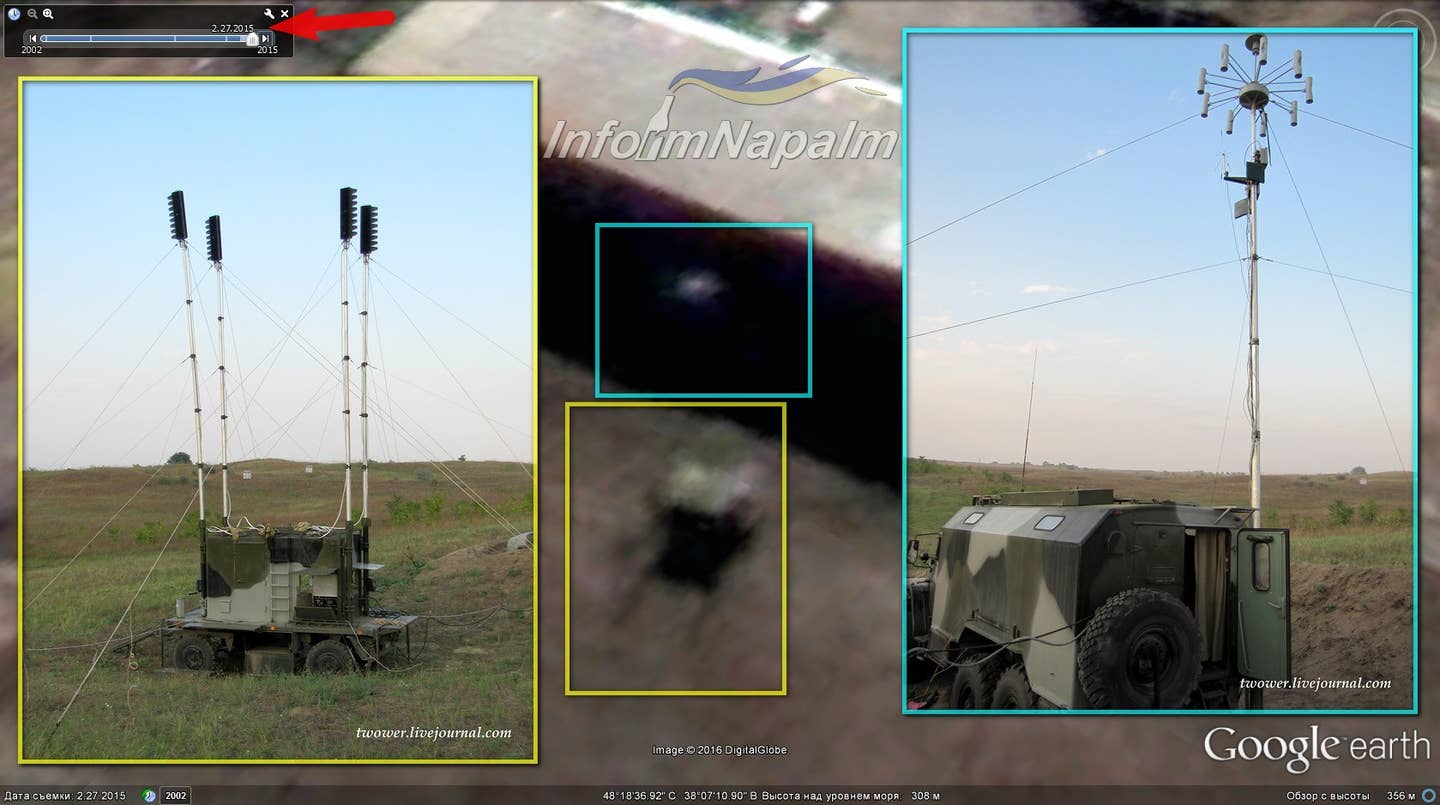 The Russian Army’s R-330Zh Zhitel electronic warfare system is deployed by the force with its EW companies. This multipurpose EW system can attack an array of targets including satellite communications signals. <em>InformNapalm/Google Earth</em>