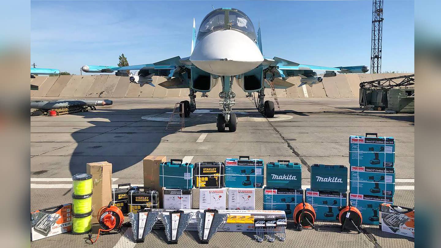 A picture showing an odd array of commercial hardware reportedly recently donated to a Russian combat aviation unit.