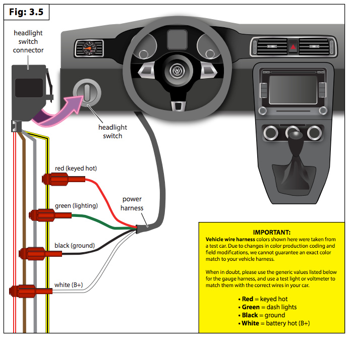 A wiring diagram for an auxiliary gauge installation for a 2010 to present Volkswagen.