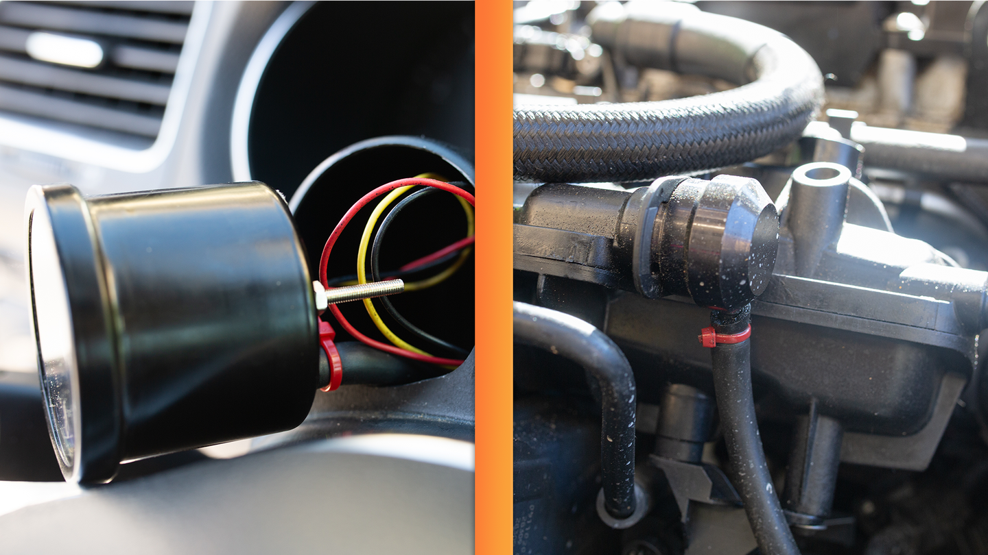 Two images side by side, one showing a boost gauge sitting just outside of its installed home with wires behind it. The other shows a black cap with a vacuum line protruding from its bottom portion. A red zip tie is holding the vacuum line onto the cap.