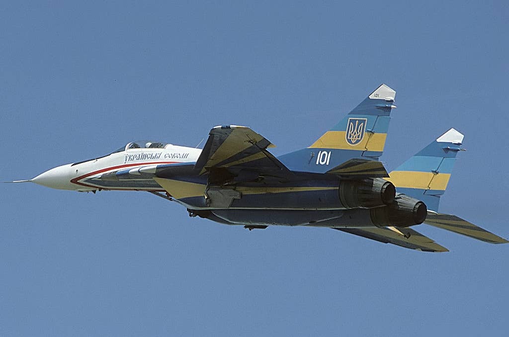 A MiG-29 wearing the original Ukrainian Falcons colors. <em>Mike Freer/Wikimedia Commons</em>
