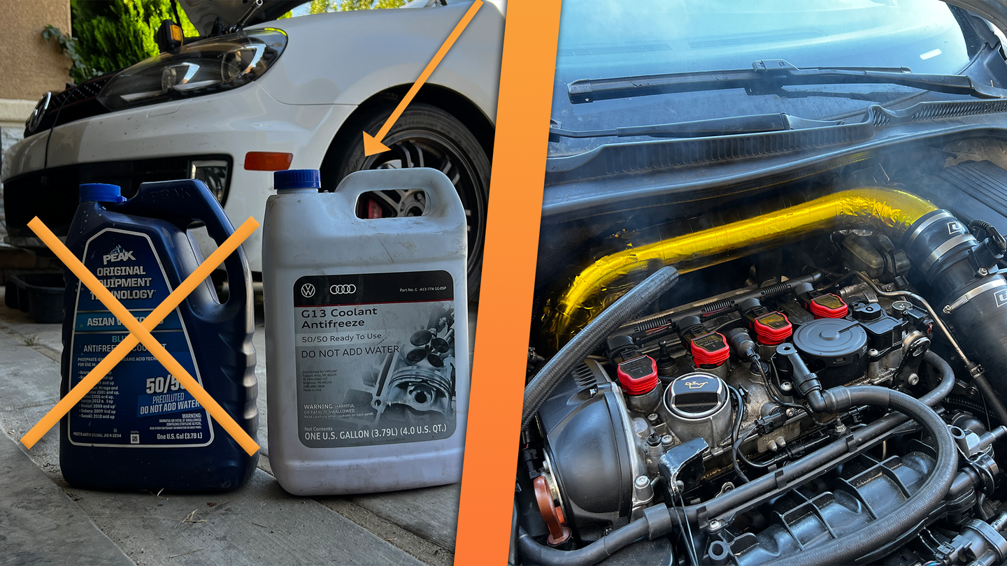A split image of a smoking engine and two coolant jugs sitting beside a white Volkswagen GTI.